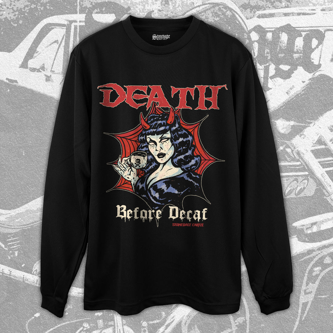 Death Before Decaf Demon Woman Vintage Unisex Long Sleeve Tee