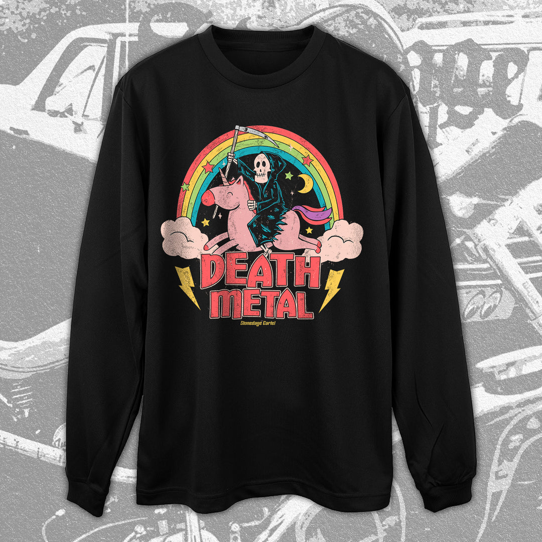 Death Metal Unisex Long Sleeve Tee, Grim Reaper Riding Unicorn Rainbow Funny Rocker Unisex Long Sleeve Tee