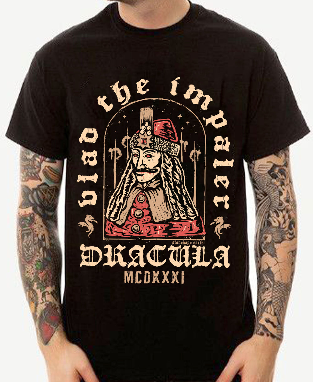 Dracula-Vlad The Impaler Goth Horror Unisex Tee, Vampire Historic Vlad Tepes Horror Historic Unisex Tee Model