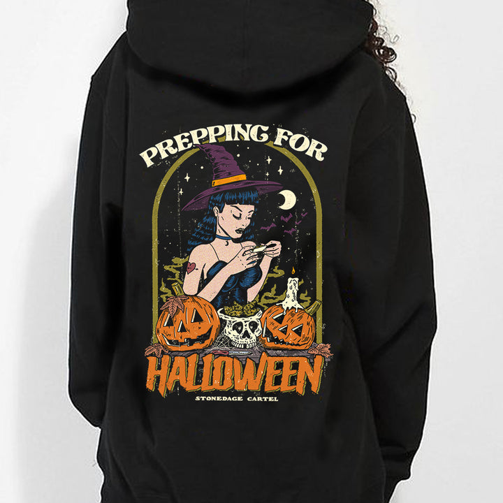 Prepping For Halloween Unisex Hoodie, Witch Vintage Illustration Cannabis Spooky Unisex Hoodie Model
