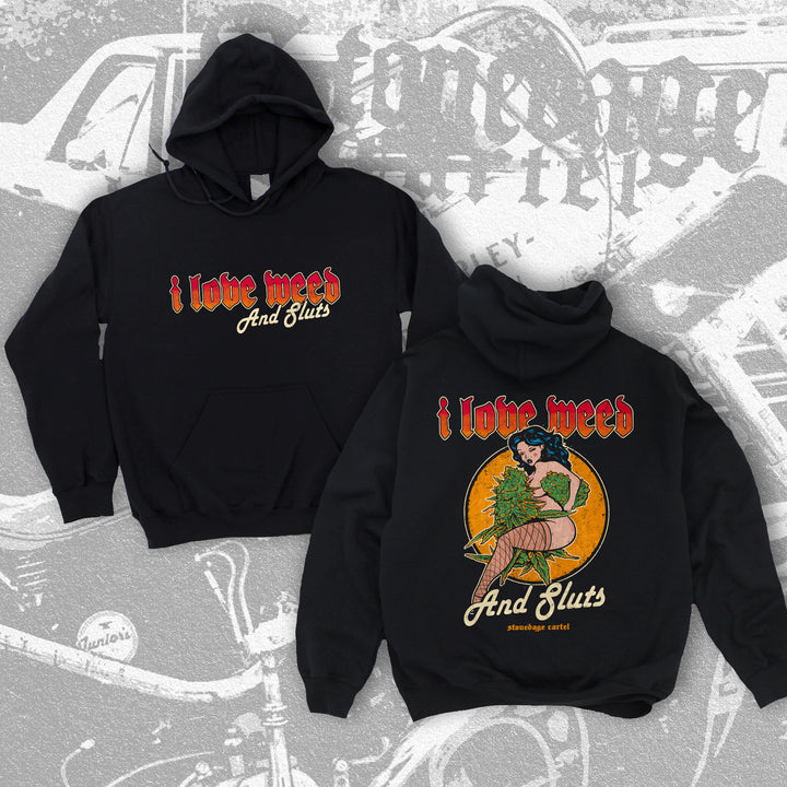 I Love Weed And Sluts Unisex Hoodie, Vintage Naked Pinup Woman Smoking Weed Unisex Hoodie.