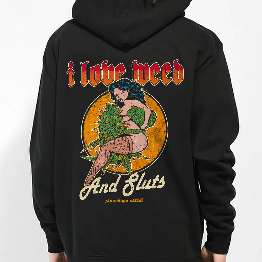 I Love Weed And Sluts Unisex Hoodie, Vintage Naked Pinup Woman Smoking Weed Unisex Hoodie Model