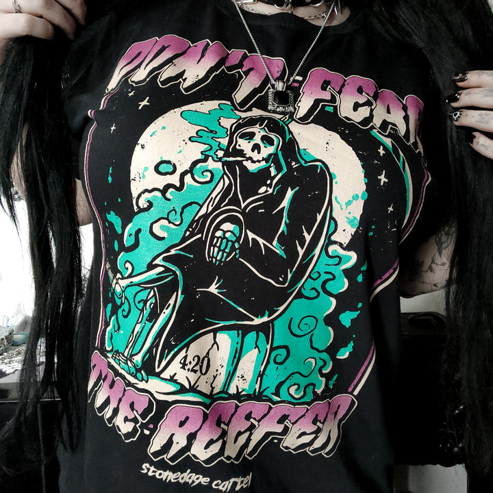 Don't Fear The Reefer Unisex T-shirt, Funny Grim Reaper Parody Vintage Spooky Unisex Tee model woman
