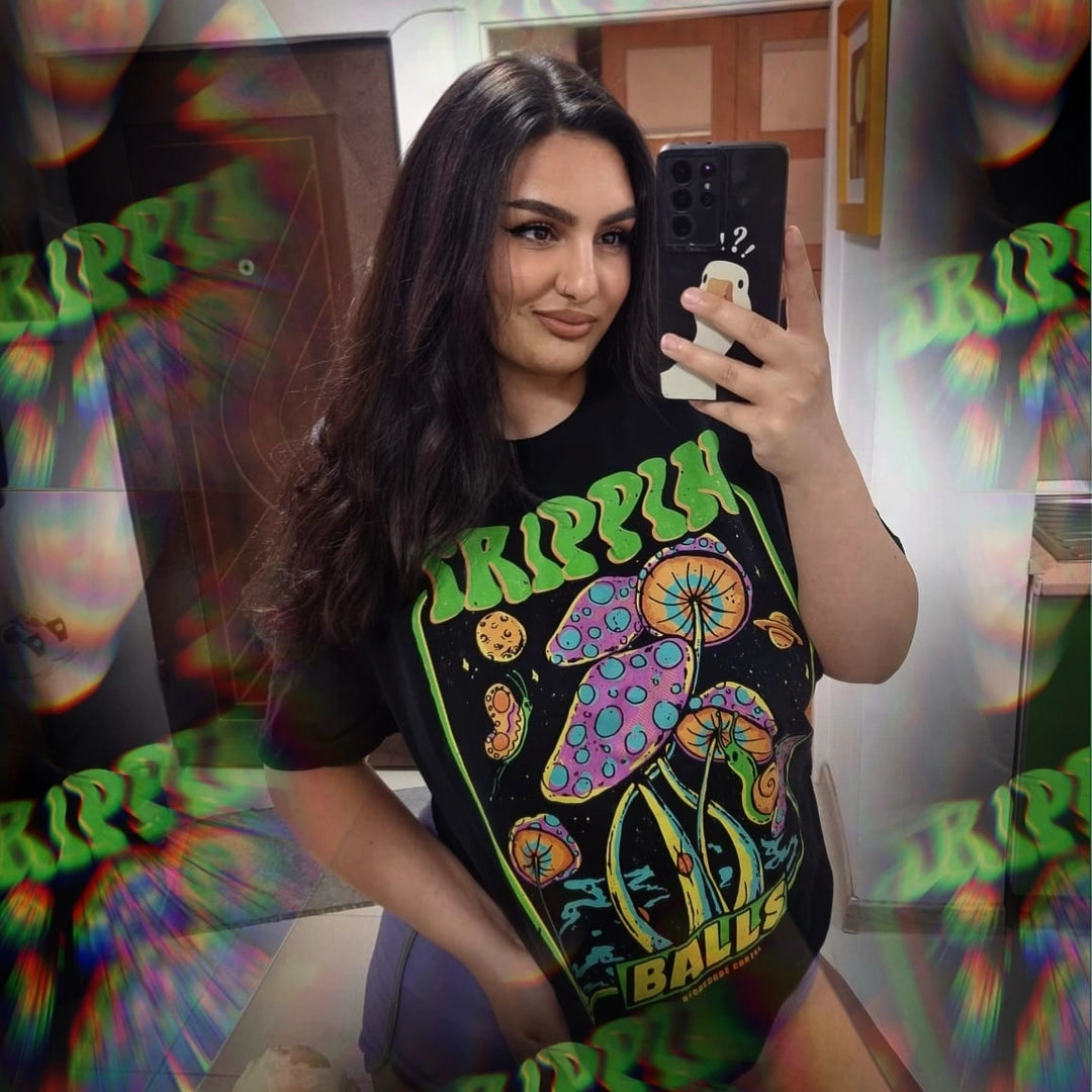 Trippin' Balls Vintage Unisex Tee, Magic Mushrooms Colorful Trippy Colorful Unisex T-shirt Girl Model