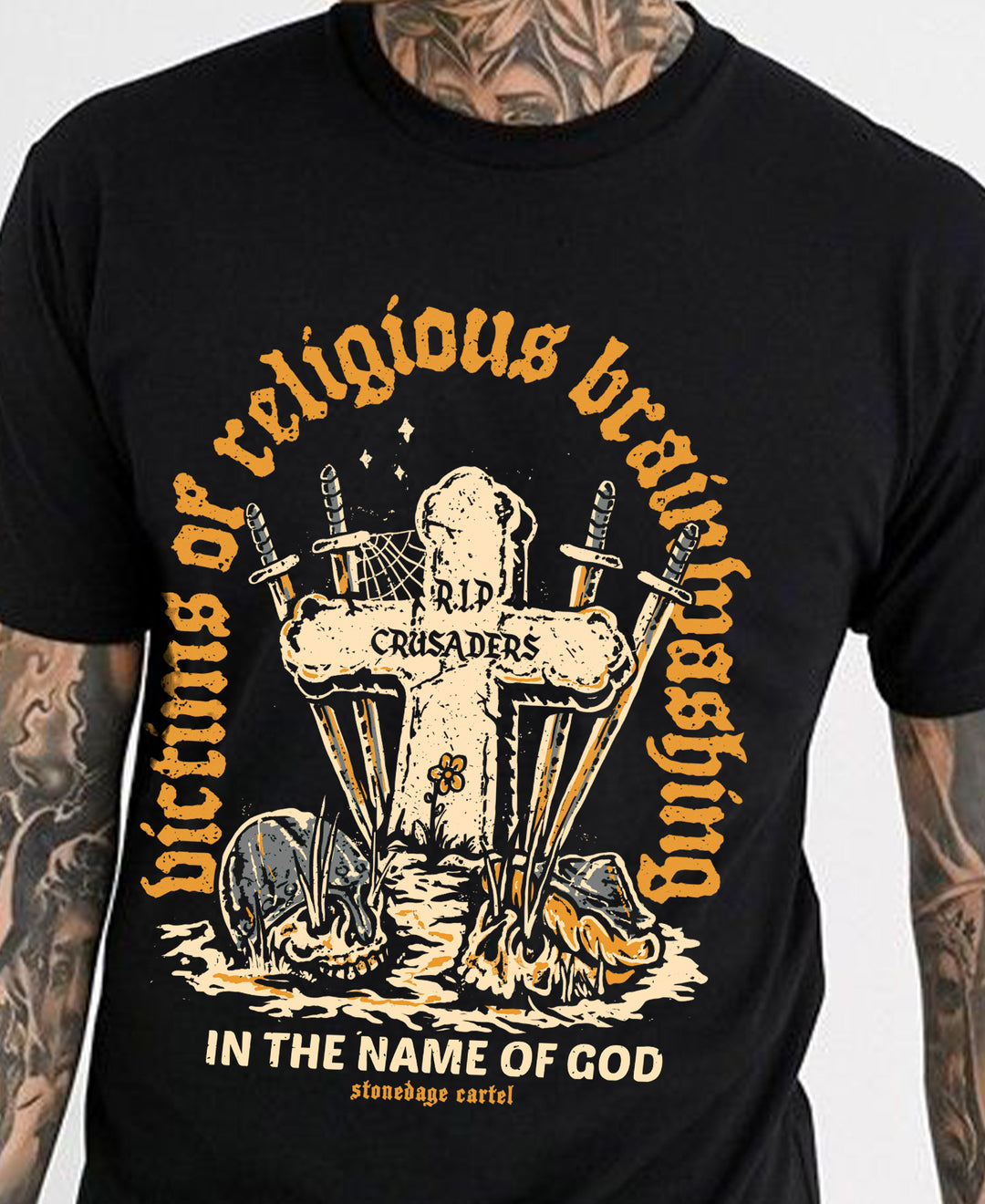 In The Name Of God Vintage Funny Unisex Tee, R.I.P. Crusaders Satirical History Joke Activism Unisex Graphic T-shirt Model