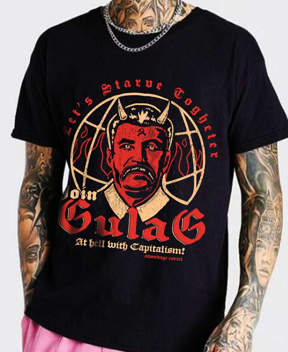 Join Gulag Let's Starve Together Vintage Goth Tee, Stalin Demon Funny Satiric Gothic Unisex T-shirt Model