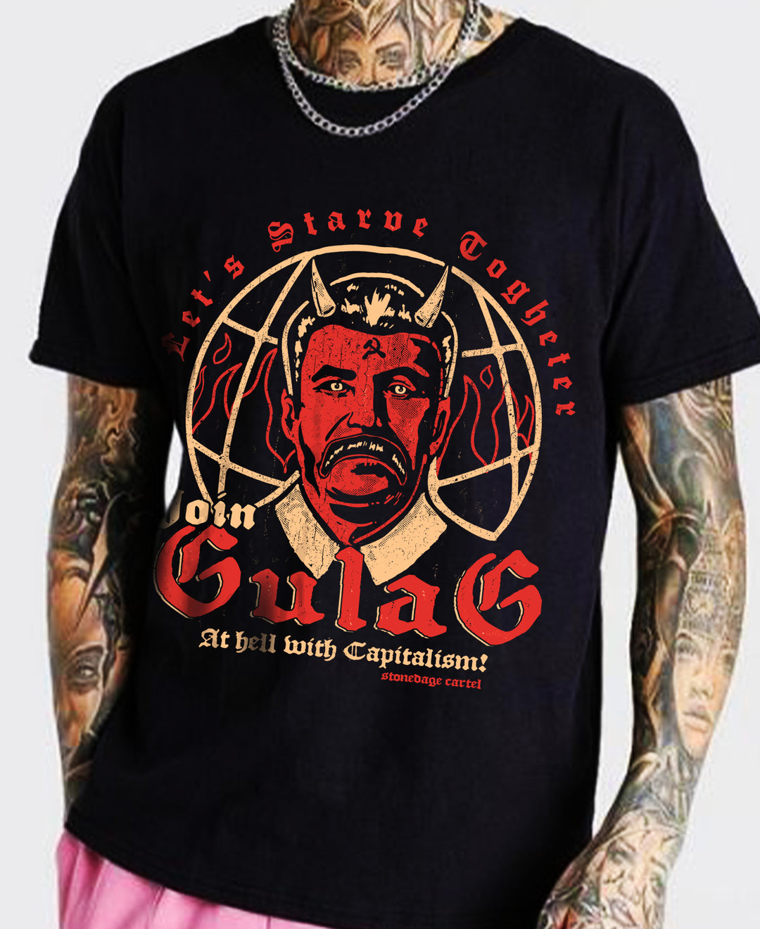 Join Gulag Let's Starve Together Vintage Goth Tee, Stalin Demon Funny Satiric Gothic Unisex T-shirt Model