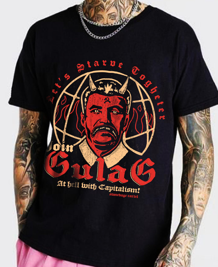 Join Gulag Let's Starve Together Vintage Goth Tee, Stalin Demon Funny Satiric Gothic Unisex T-shirt Model