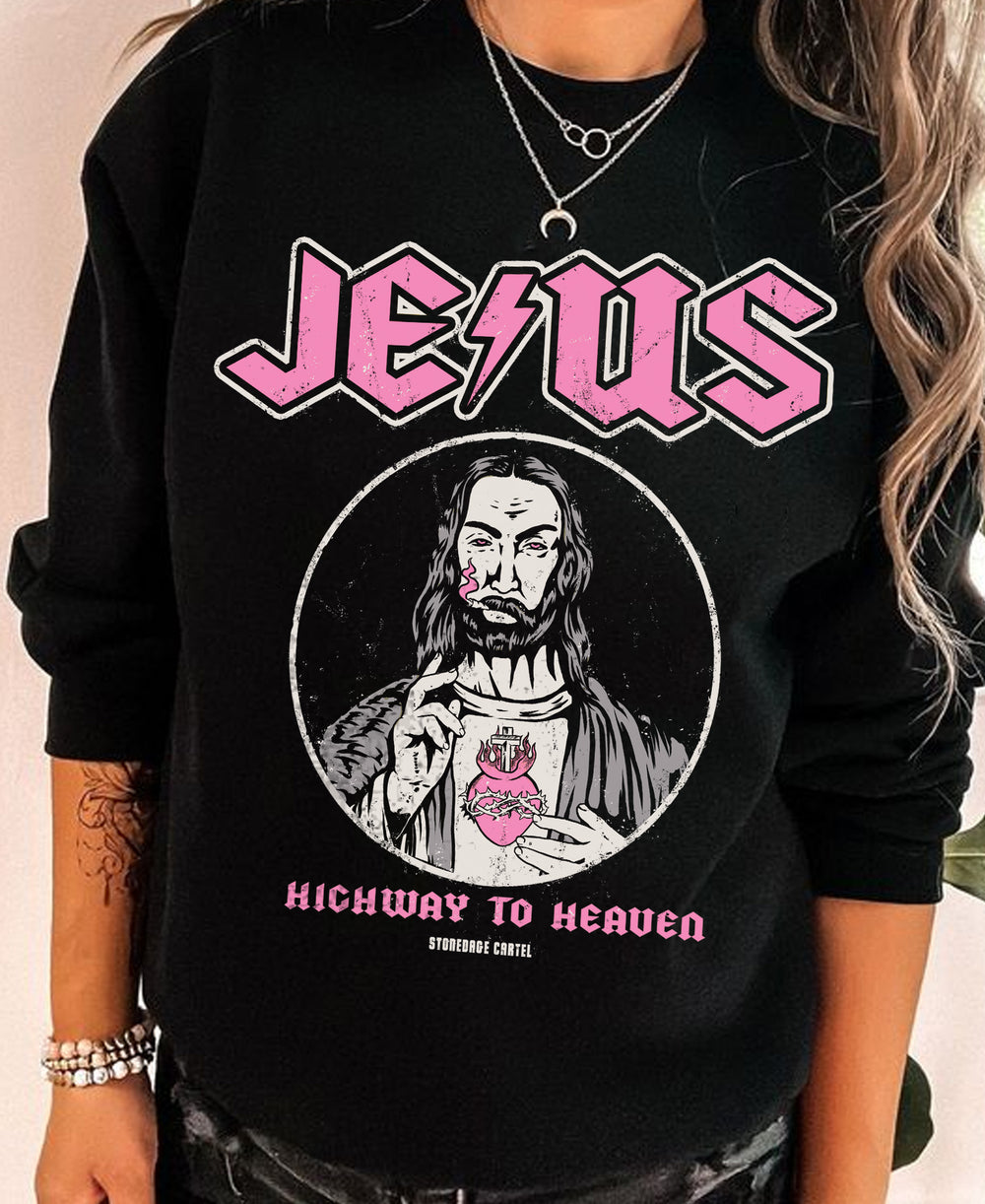 Jesus Highway to Heaven Unisex Sweatshirt, Funny Jesus Smoking Weed Rocker Meme Vintage Unisex Sweatshirt.