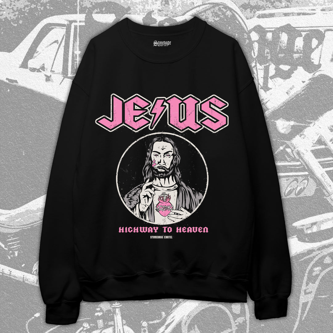 Jesus Highway to Heaven Unisex Sweatshirt, Funny Jesus Smoking Weed Rocker Meme Vintage Unisex Sweatshirt.