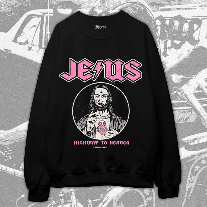 Jesus Highway to Heaven Unisex Sweatshirt, Funny Jesus Smoking Weed Rocker Meme Vintage Unisex Sweatshirt.