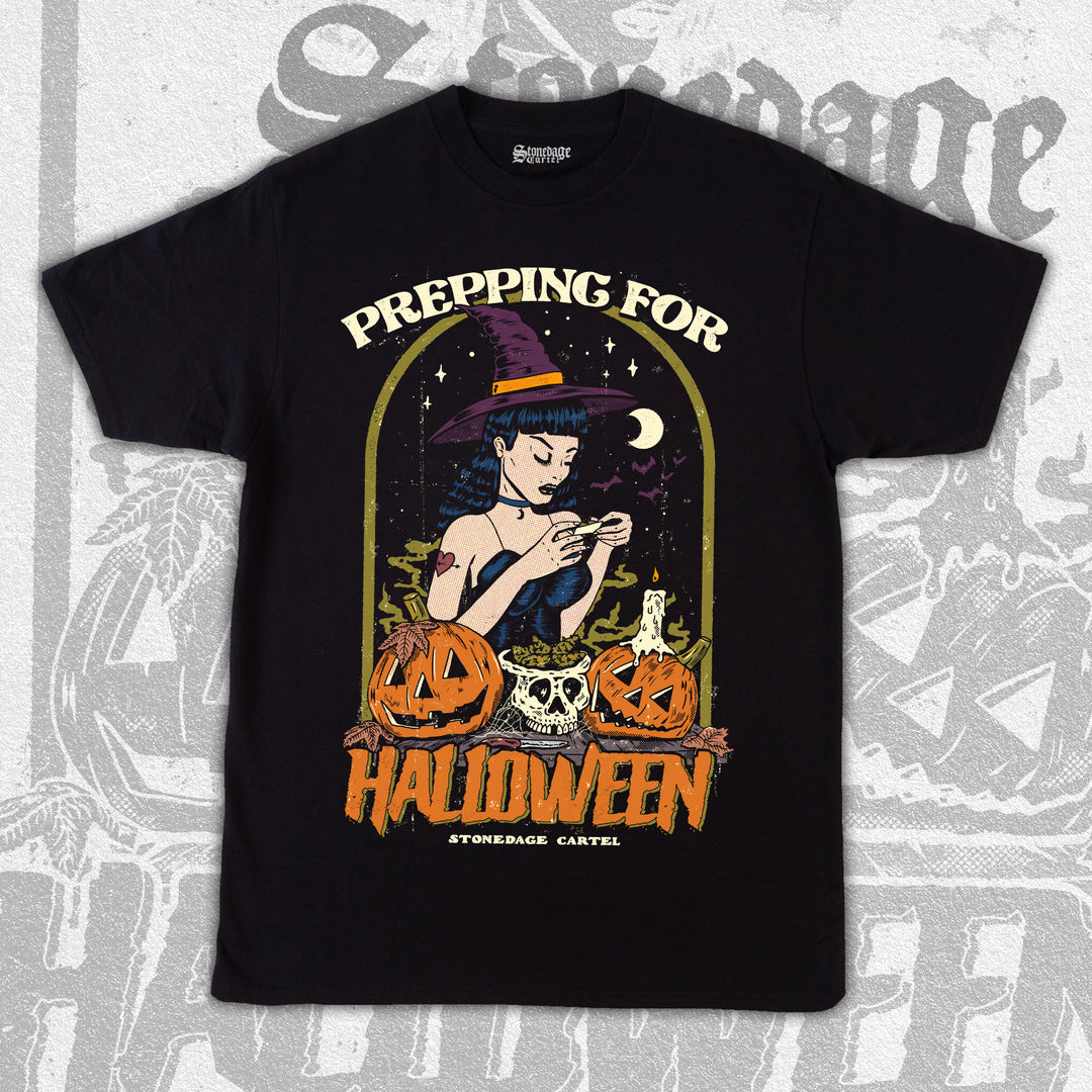 Prepping For Halloween Vintage Unisex Graphic Tee, Pin Up Vintage Witch Woman Smoking Weed Pumpkin Goth Vintage Graphic Tee