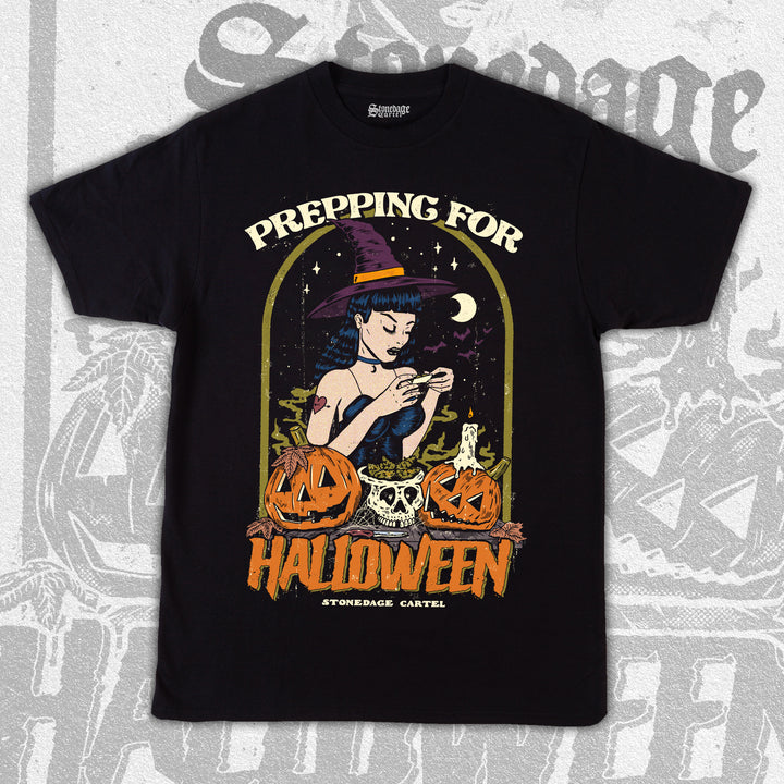 Prepping For Halloween Vintage Unisex Graphic Tee, Pin Up Vintage Witch Woman Smoking Weed Pumpkin Goth Vintage Graphic Tee