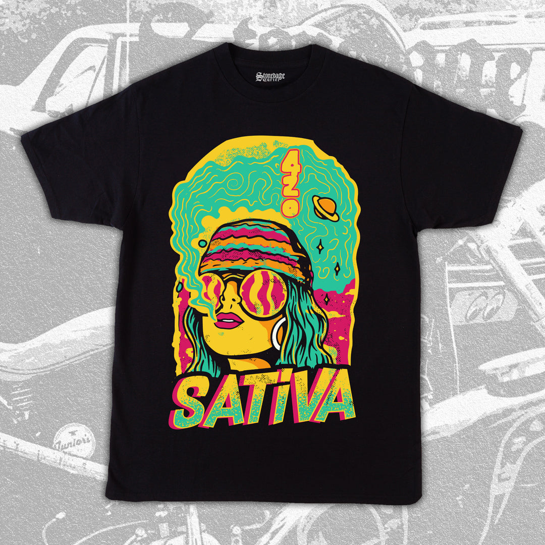 Sativa Vintage Unisex Graphic Tee, 70s Weed Smoking Girl Colorful Vintage Unisex T-shirt