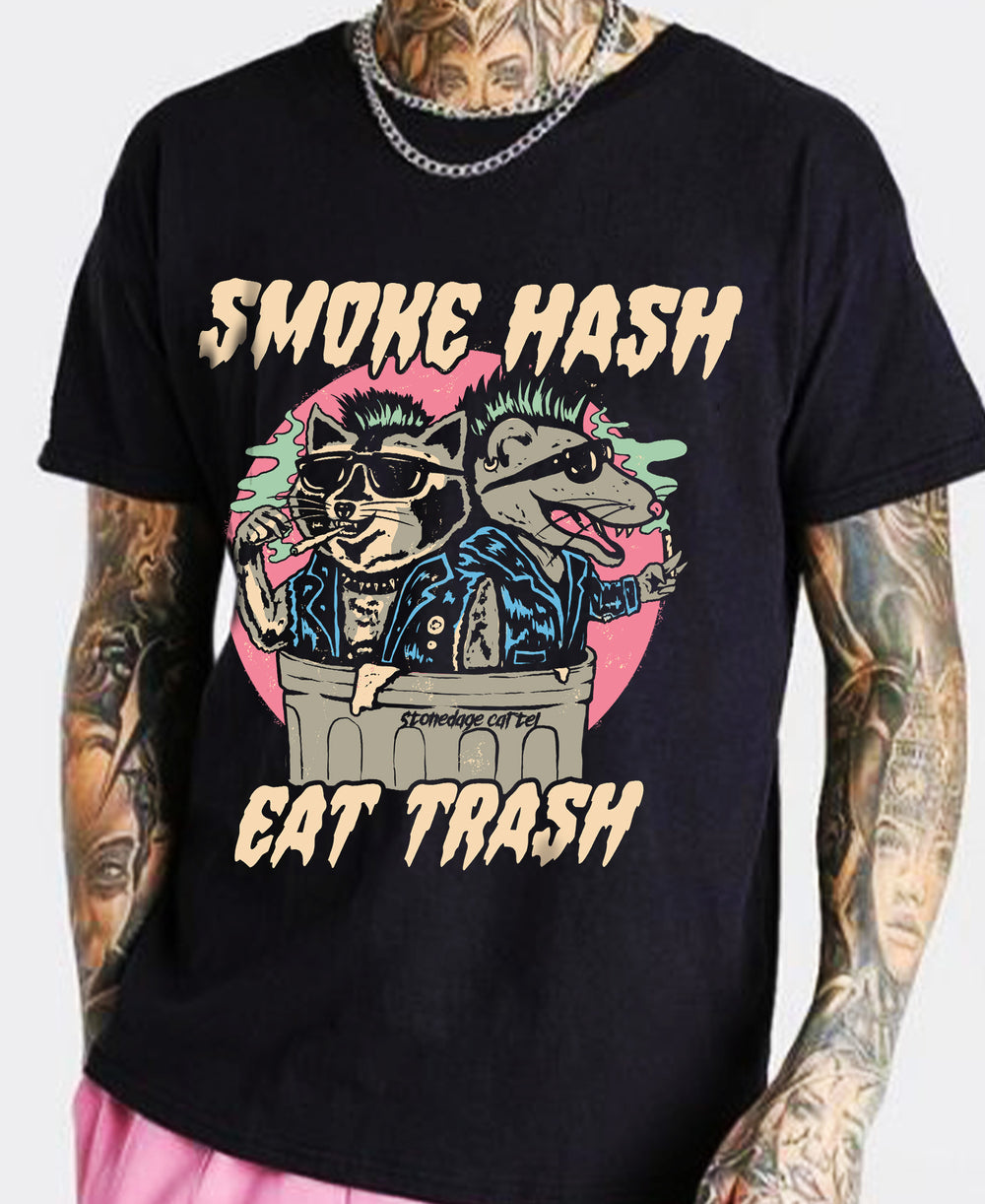 Smoke Hash Eat Trash Unisex Tee, Raccoon and Rat Smoking Weed Funny Unisex T-shirt Model