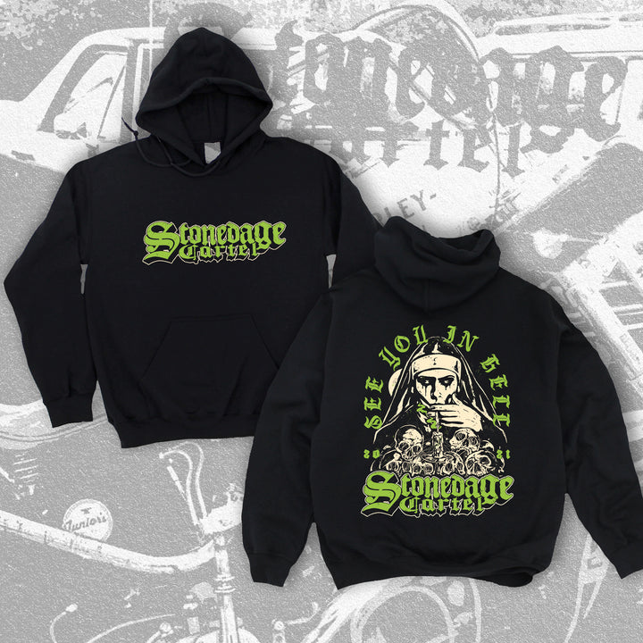 See You In Hell Unisex Hoodie, Goth Nun Smoking Weed Edgy Original Design Stonedage Cartel.