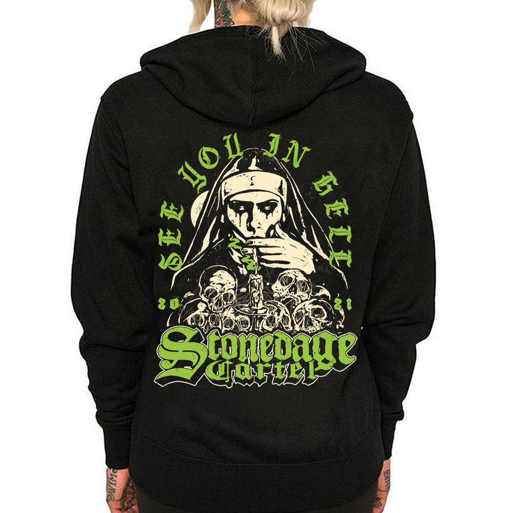 See You In Hell Unisex Hoodie, Goth Nun Smoking Weed Edgy Original Design Stonedage Cartel Model