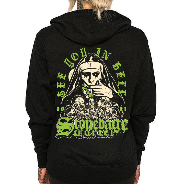 See You In Hell Unisex Hoodie, Goth Nun Smoking Weed Edgy Original Design Stonedage Cartel Model