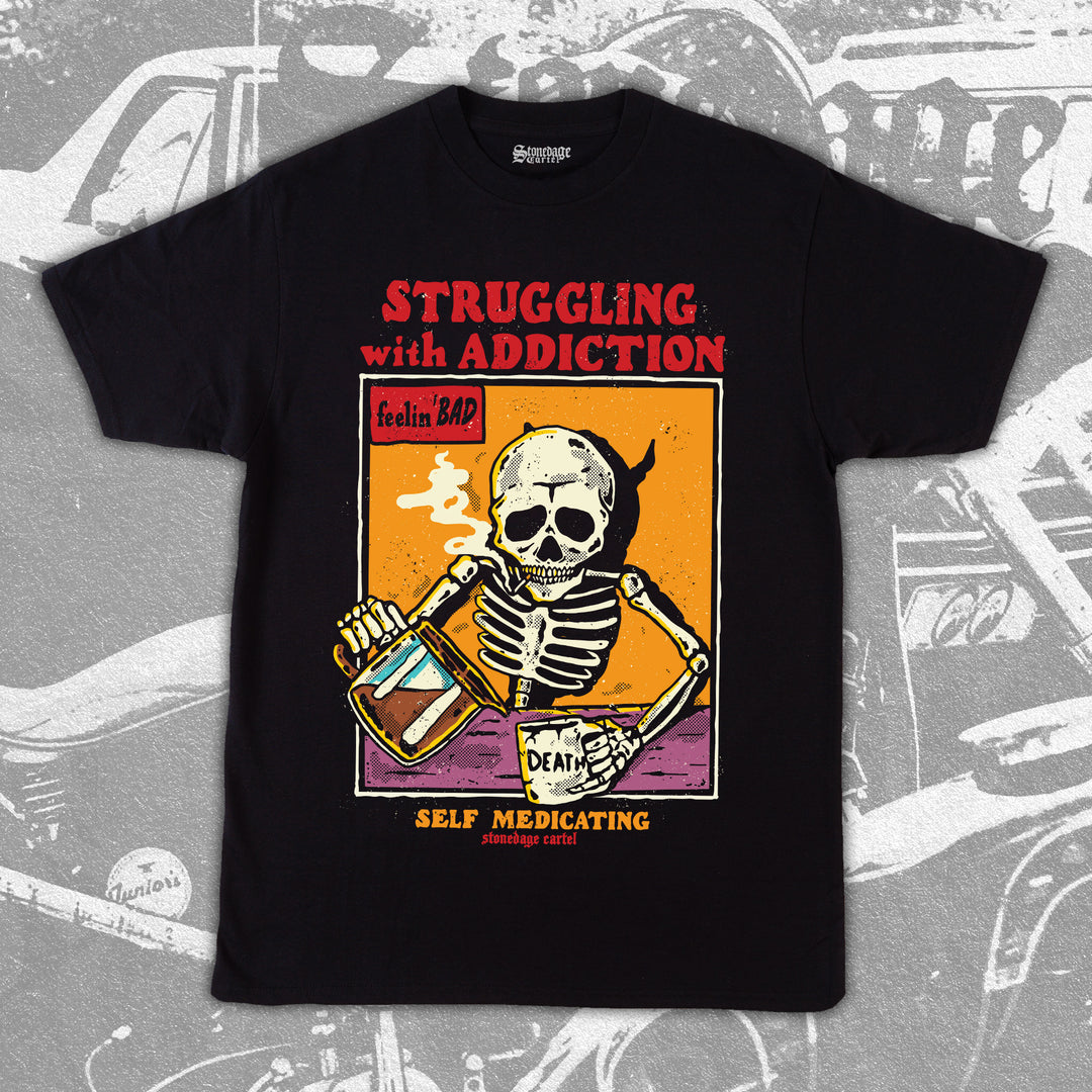 Struggling With Addiction Graphic Unisex Tee, Skeleton Smoking Drinking Coffee Depressed Funny Vintage Unisex Tee