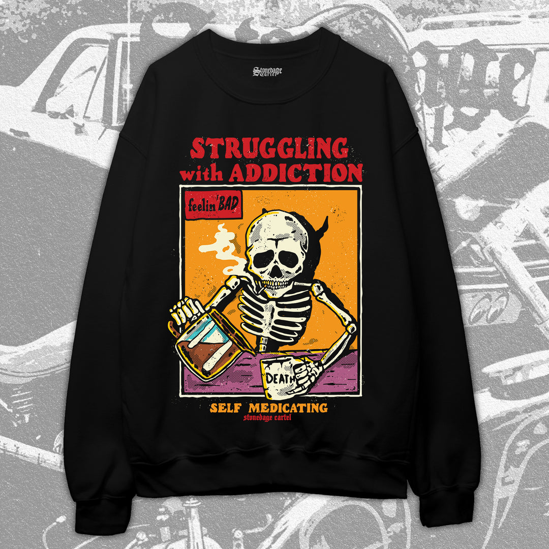 Struggling with addiction unisex Sweatshirt, Skeleton Smoking And Drinking Coffee Funny Unisex Sweatshirt