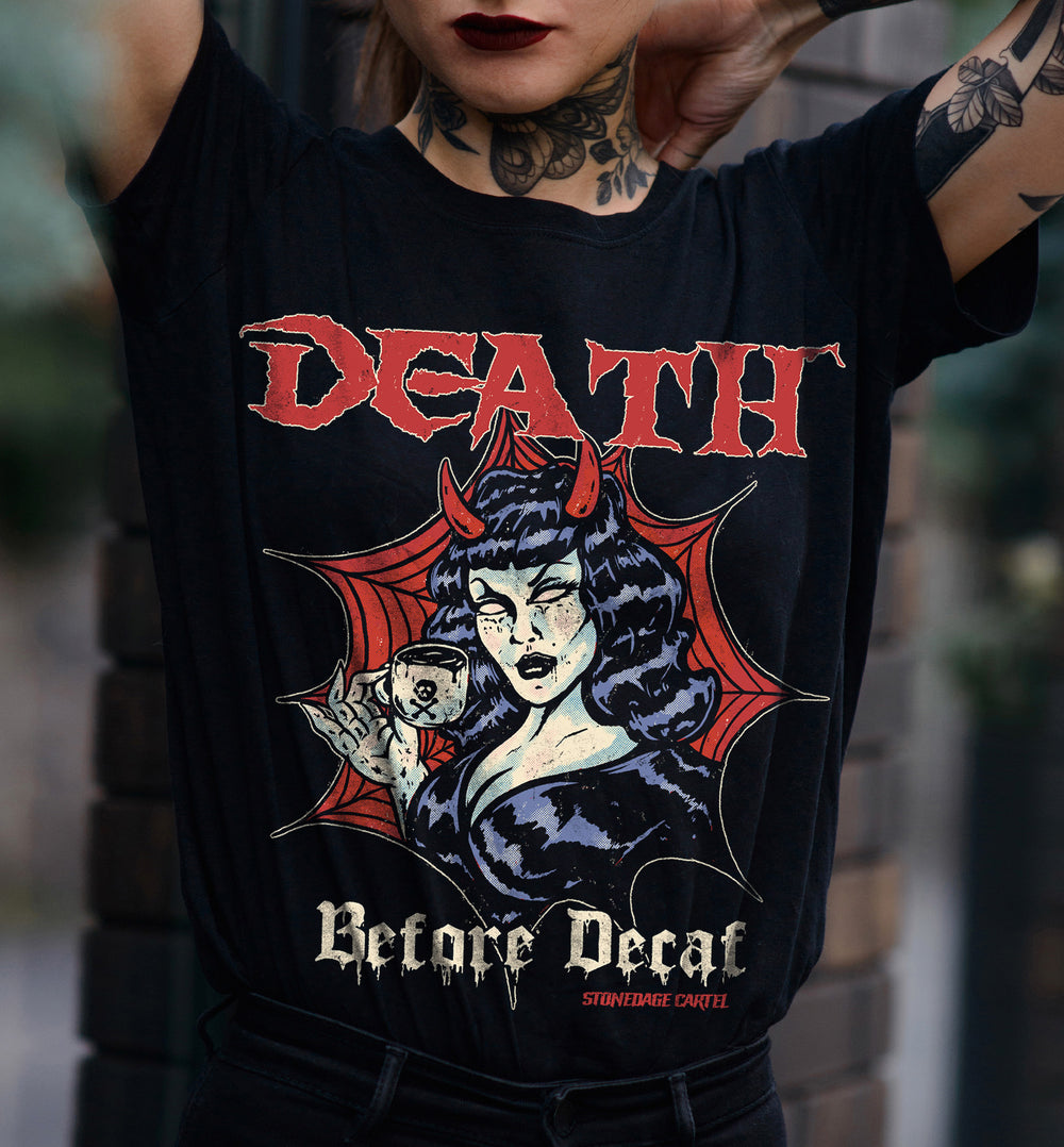 Death Before Decaf Vintage Goth Vampire Woman Unisex Shirt Woman Model