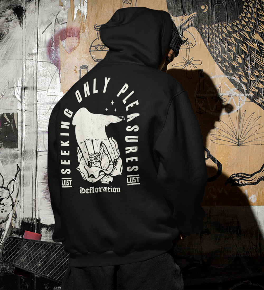 Seeking Only Pleasure-Defloration Vintage Tattoo Style Unisex Hoodie, Finger in Flower Edgy Vintage Hoodie Man Model