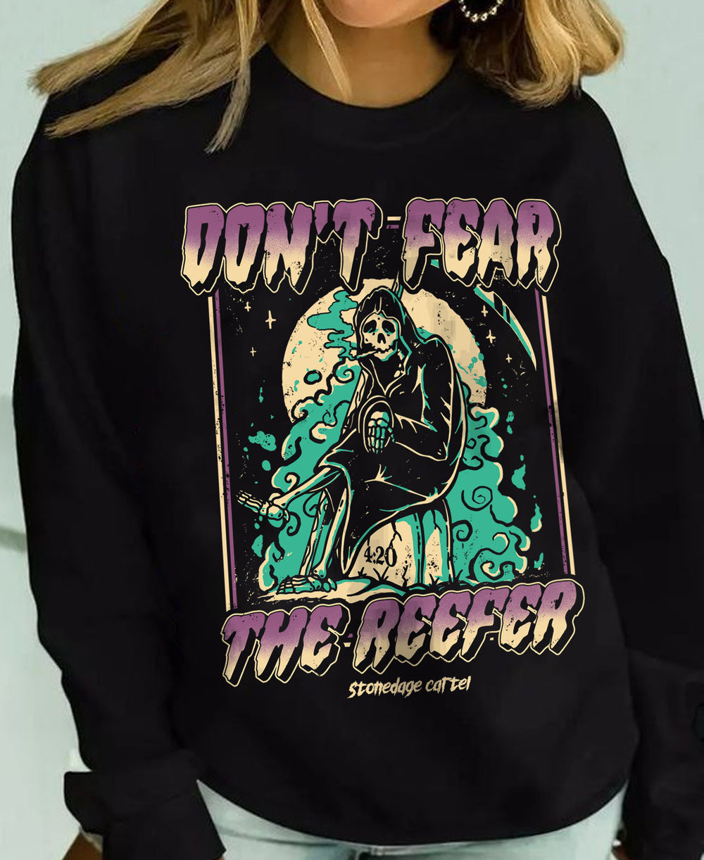 Don't Fear The Reefer Unisex Sweatshirt, Humorous Grim Reaper Smoking Weed Goth Vintage Unisex Sweatshirt Model