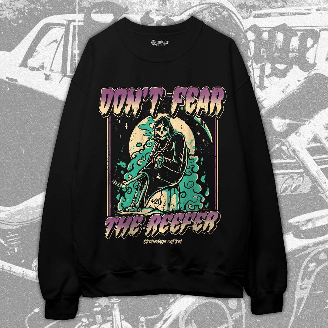 Don't Fear The Reefer Unisex Sweatshirt, Humorous Grim Reaper Smoking Weed Goth Vintage Unisex Sweatshirt