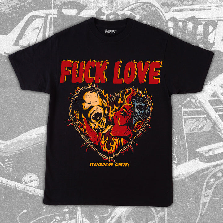 Fuck Love Goth Dark Devil Woman Skull Vintage Black Shirt