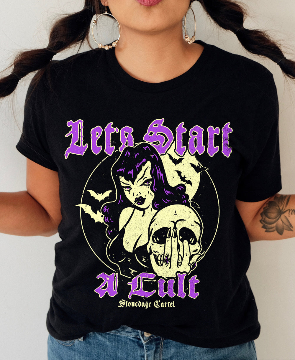 let's start a cult goth spooky t-shirt model