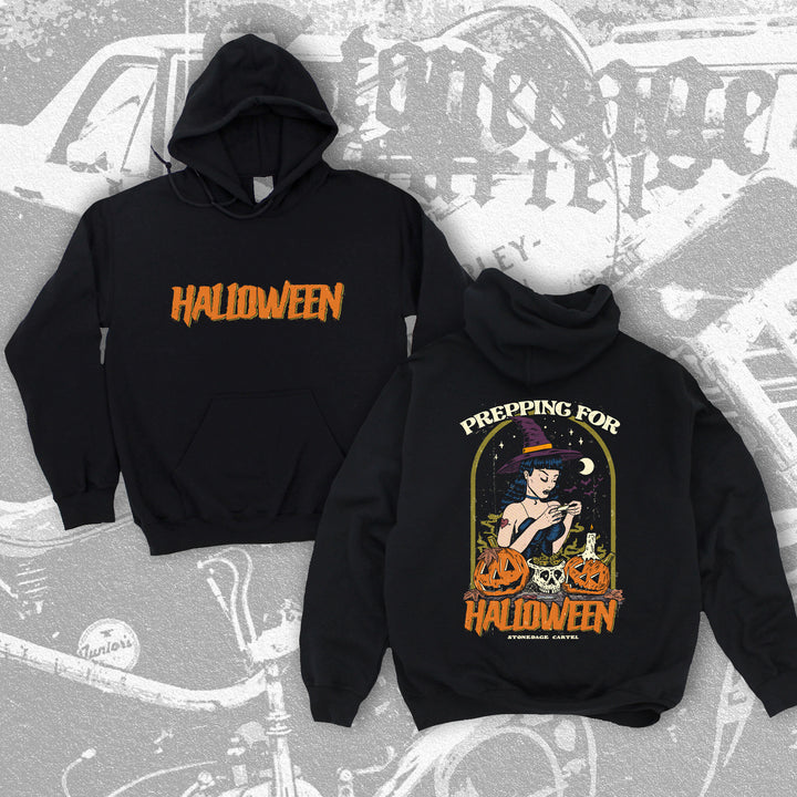 Prepping For Halloween Unisex Hoodie, Witch Vintage Illustration Cannabis Spooky Unisex Hoodie.