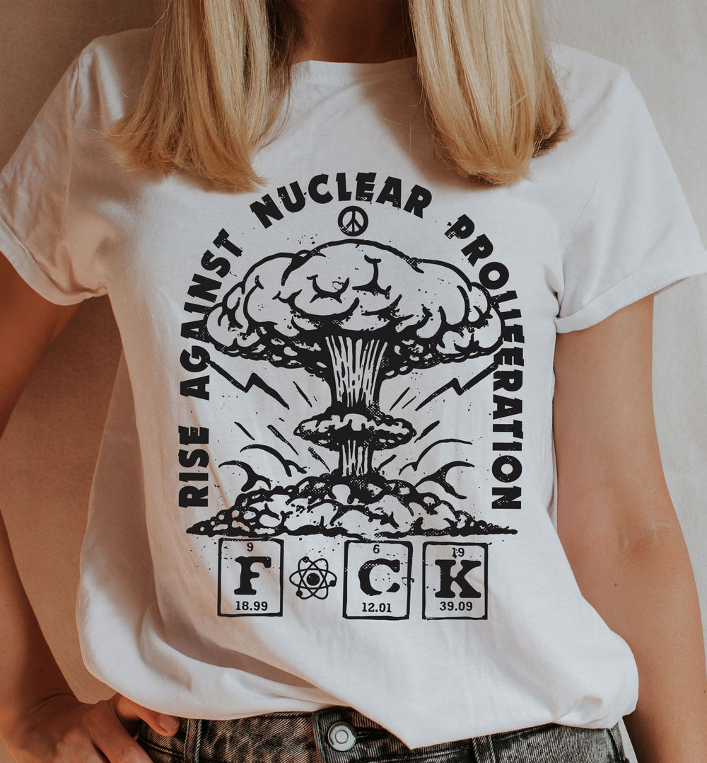 Rise Against Nuclear Proliferation Vintage Unisex Shirt, Funny Tattoo Style Activism Streetwear 70s Vintage Unisex T-shirt. Woman Model