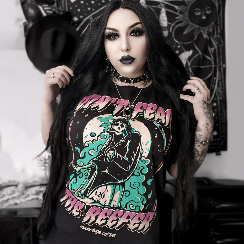 Don't Fear The Reefer Unisex T-shirt, Funny Grim Reaper Parody Vintage Spooky Unisex Tee model woman