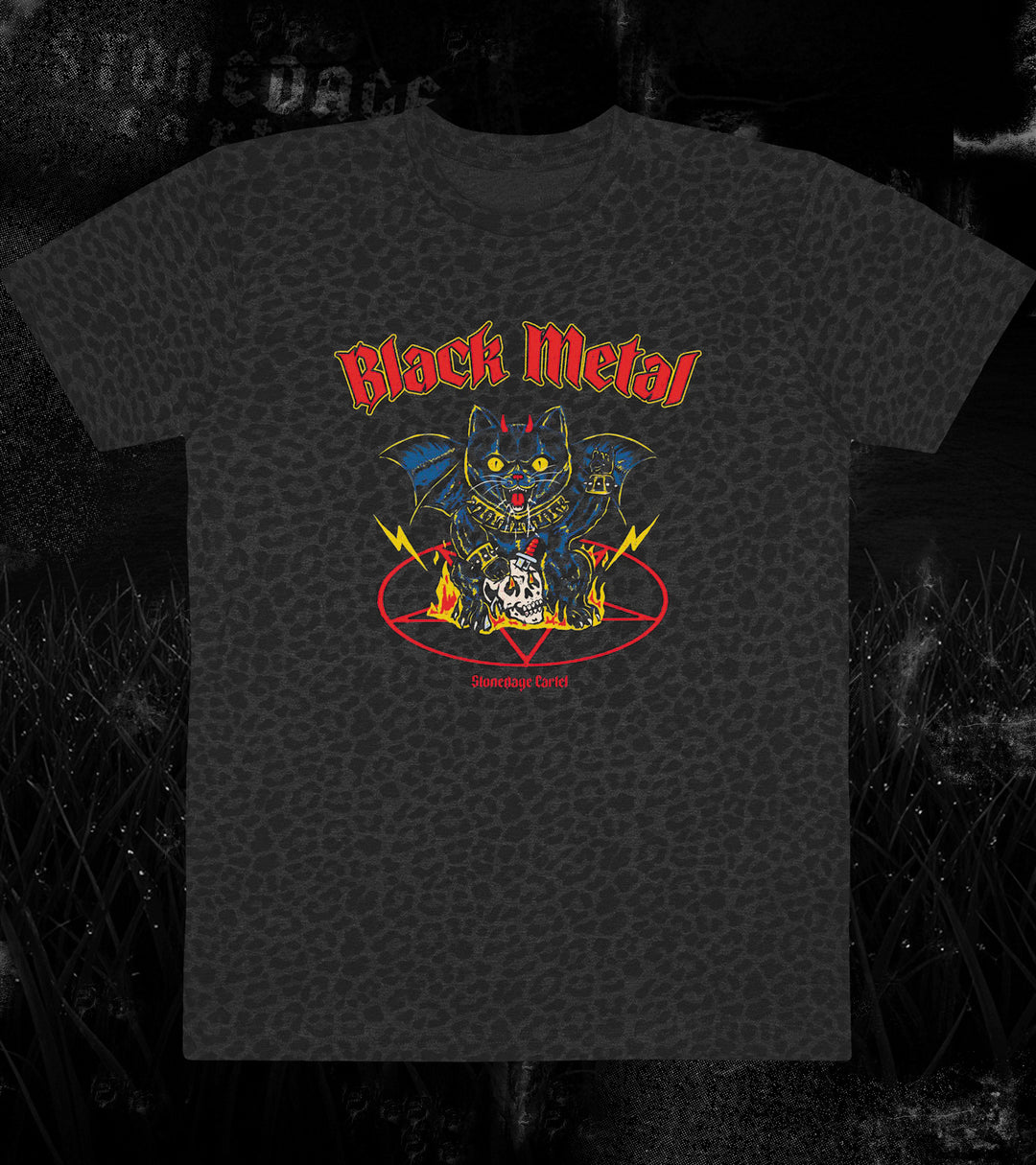 Black t-shirt with a graphic design featuring 'Black Metal' text and a cat on a dark background.