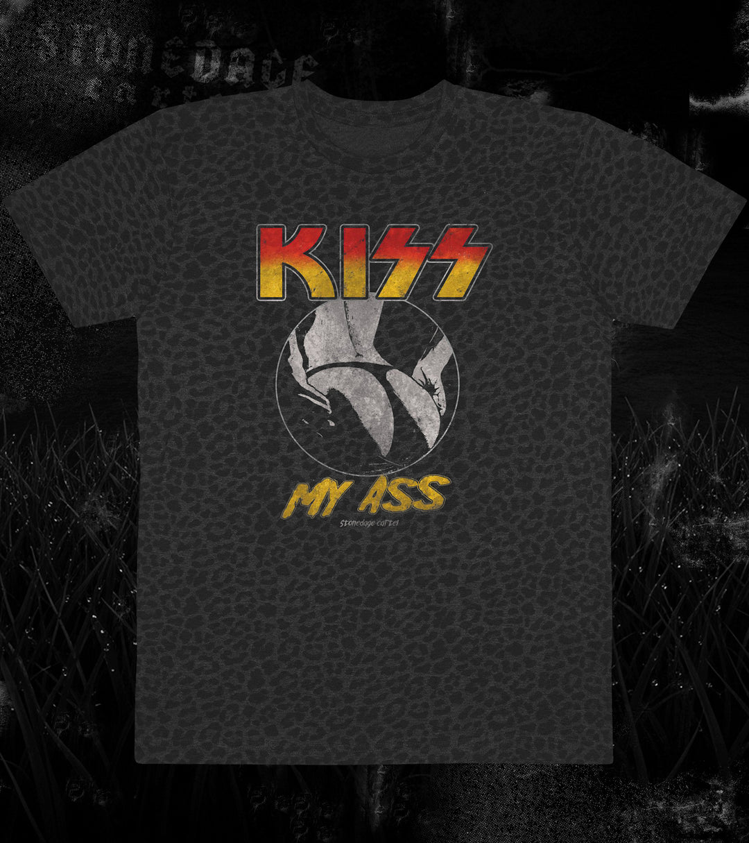 Black t-shirt with 'Kiss My Ass' graphic design on a dark background