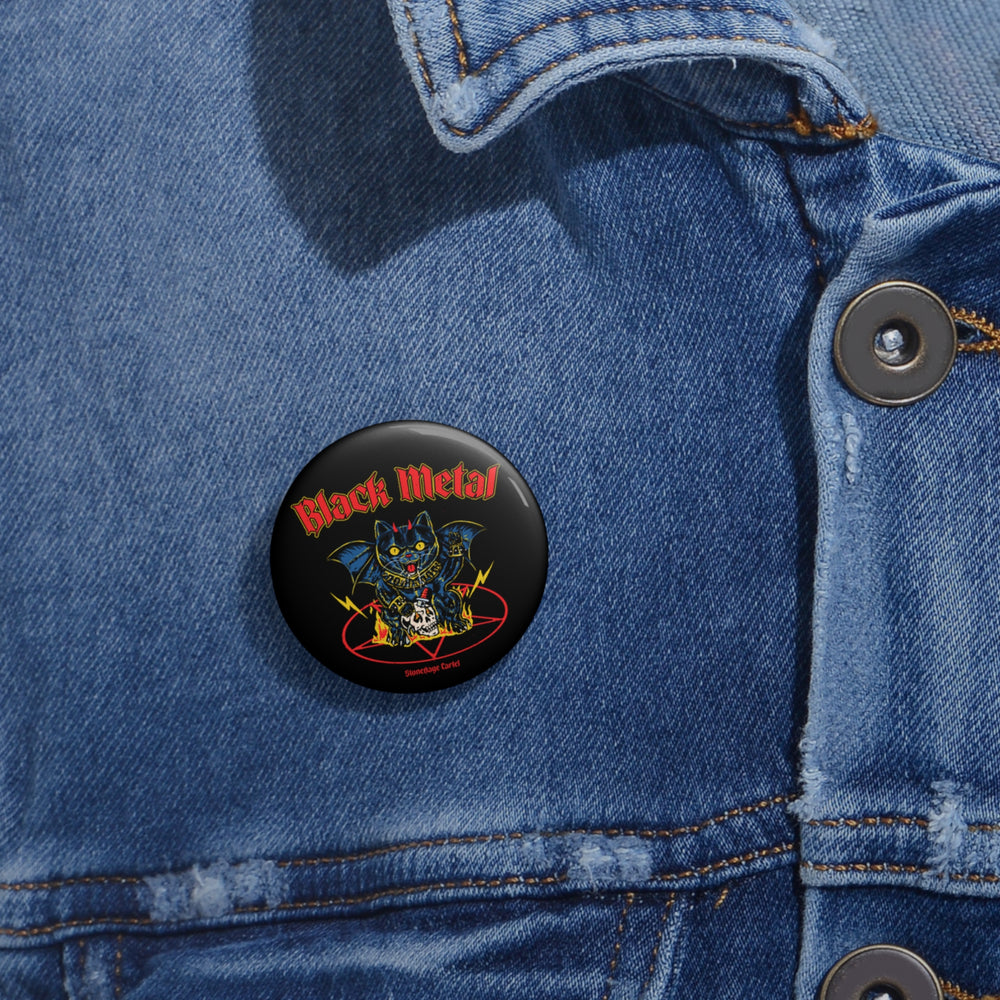 Black metal themed button on a denim jacket