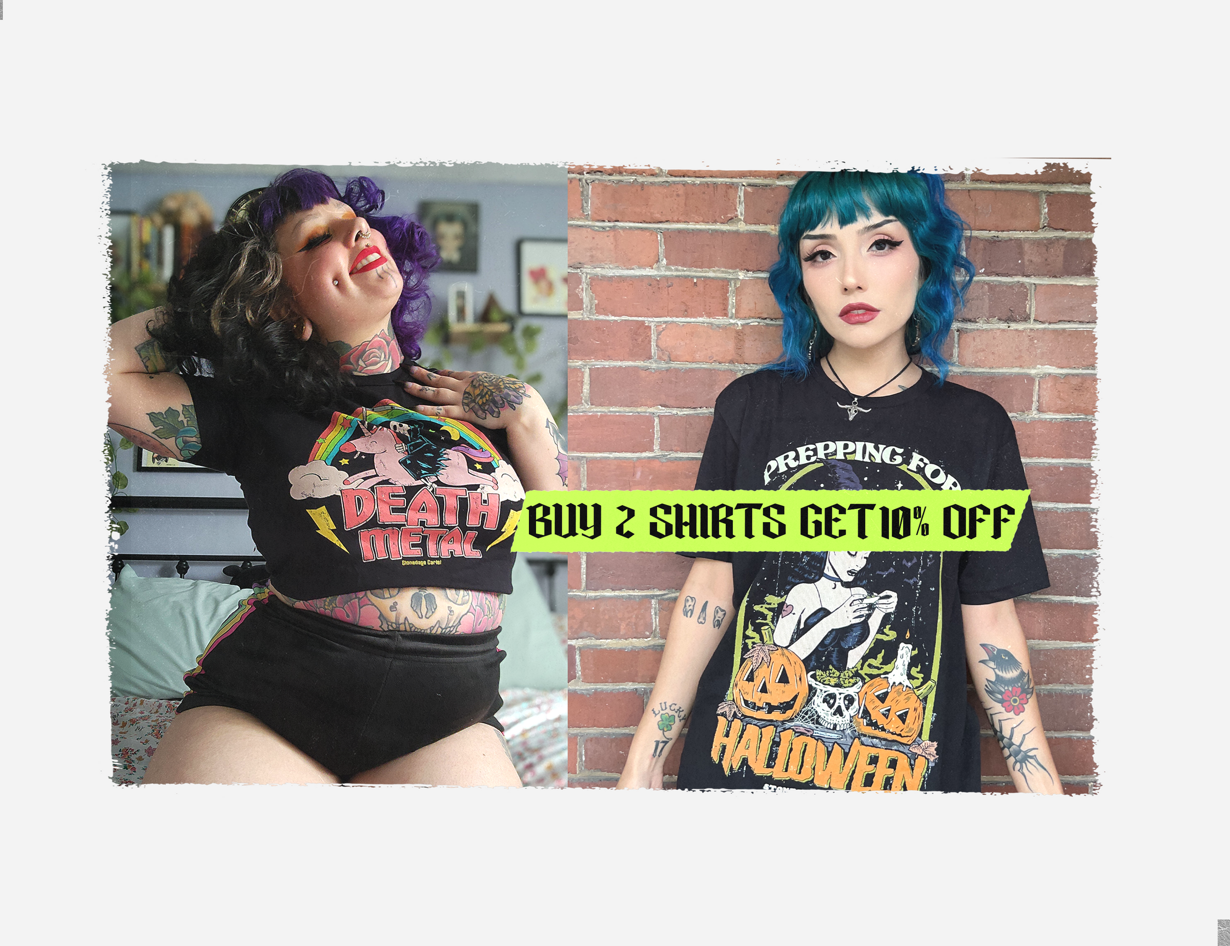 A promotional banner from Stonedage Cartel featuring two models wearing black graphic t-shirts. The left model has purple hair and poses in a bedroom setting wearing a 'Death Metal' shirt.