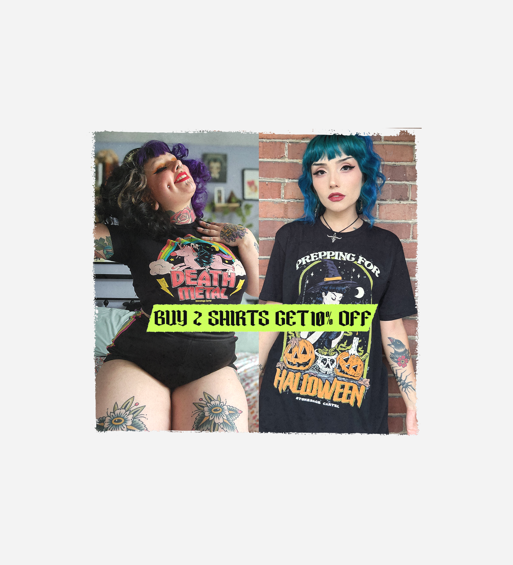 A promotional banner from Stonedage Cartel featuring two models wearing black graphic t-shirts