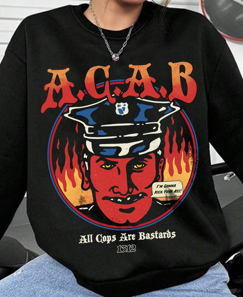 A.C.A.B Unisex Sweatshirt, Vintage Grunge Devil Cop Streetwear Sweatshirt Model