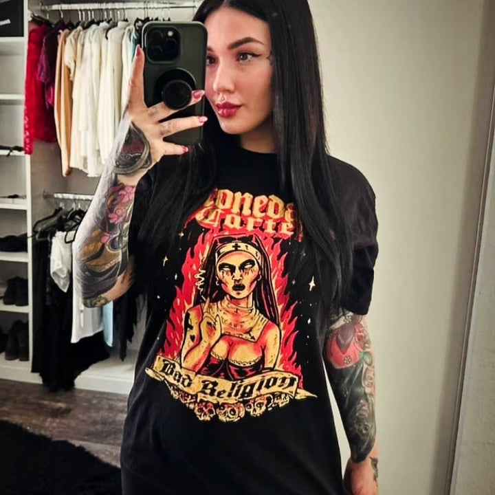 Bad Religion Dark Goth Nun Smoking Shirt Model Woman Miley Viruxs