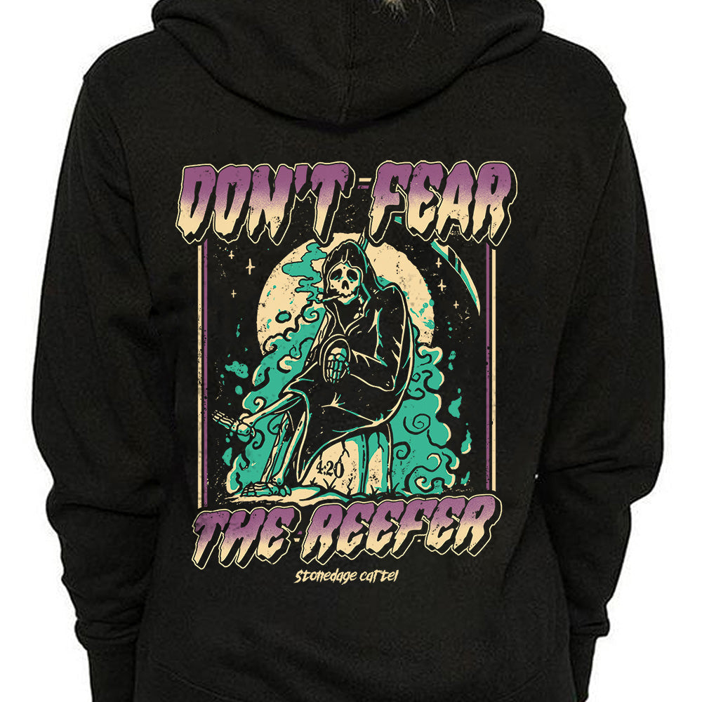 Don't Fear The Reefer Unisex Hoodie, Grim Reaper Smoking Weed Funny Vintage Illustration Unisex Hoodie Model