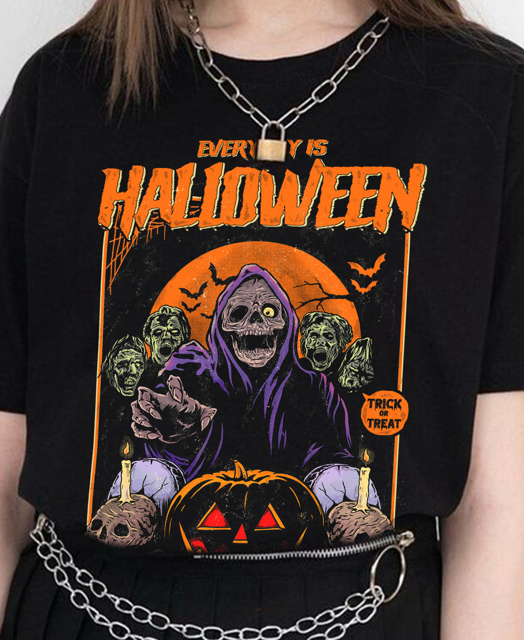 Everyday is Halloween Vintage Spooky Unisex Tee, Goth Halloween Vintage Unisex T-shirt Woman Model