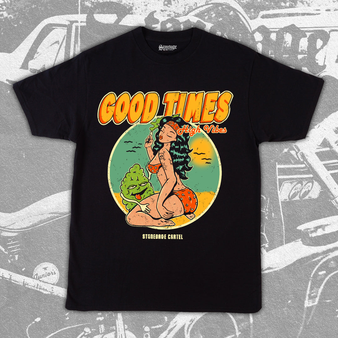 Good Times High Vibes Unisex Shirt, Vintage Pin Up Girl Smoking Weed Sea Side Funny Unisex T-shirt.