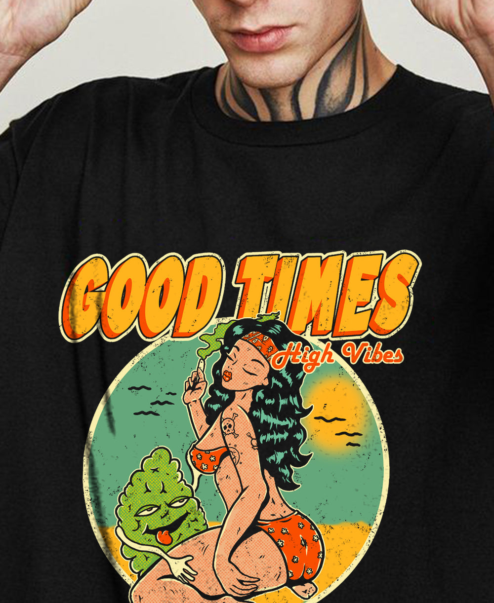 Good Times High Vibes Unisex Shirt, Vintage Pin Up Girl Smoking Weed Sea Side Funny Unisex T-shirt Model