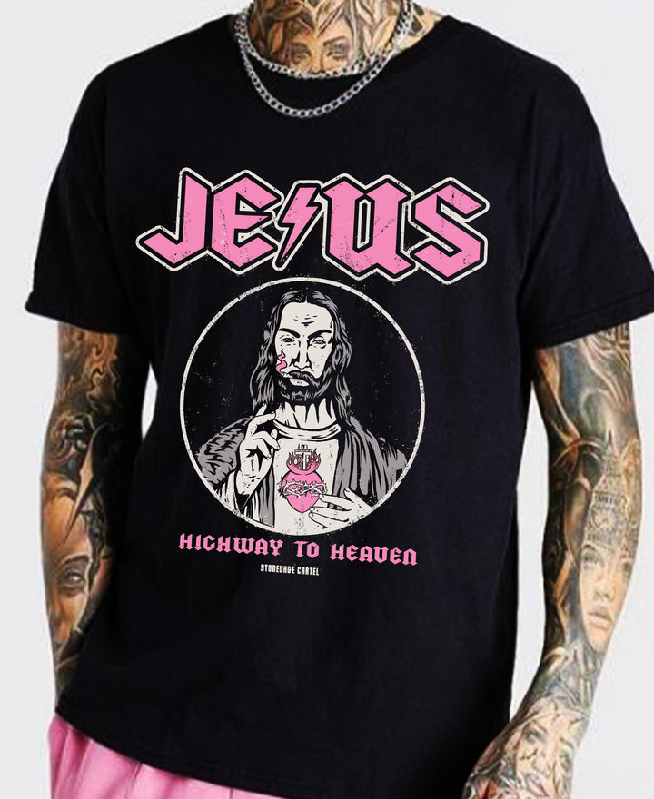 Jesus Highway to Heaven Vintage Rocker Unisex Tee, AC/DC Parody Funny Jesus Smoking Weed Unisex T-shirt