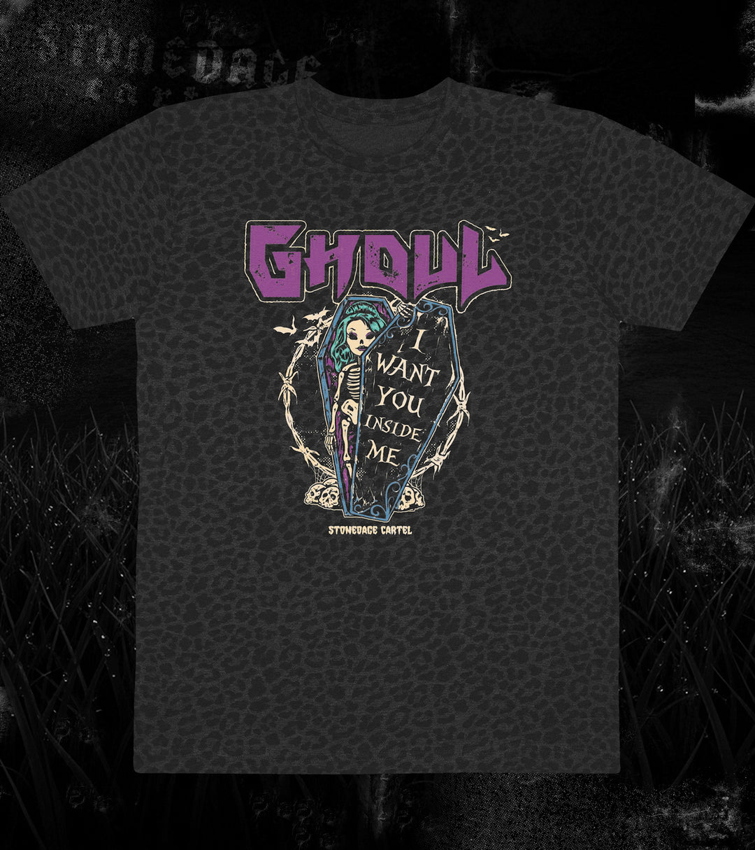 Black t-shirt with a graphic design featuring a coffin and text on a dark background