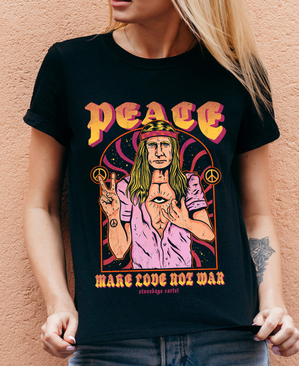 Peace-Make Love Not War Psychedelic Unisex T-shirt, Funny Vladimir Putin Peace Sign Vintage Psychedelic Graphic Tee Model
