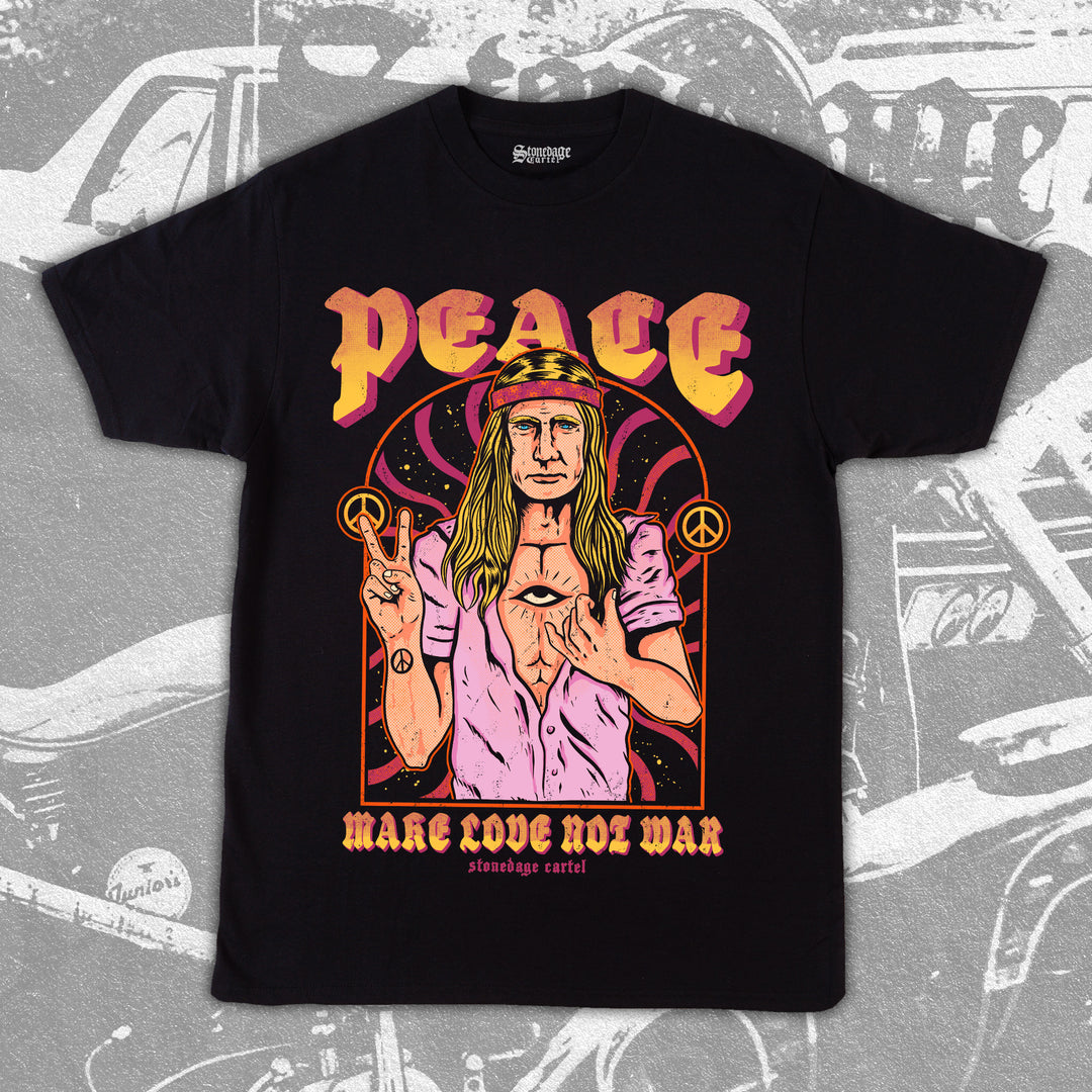 Peace-Make Love Not War Psychedelic Unisex T-shirt, Funny Vladimir Putin Peace Sign Vintage Psychedelic Graphic Tee.