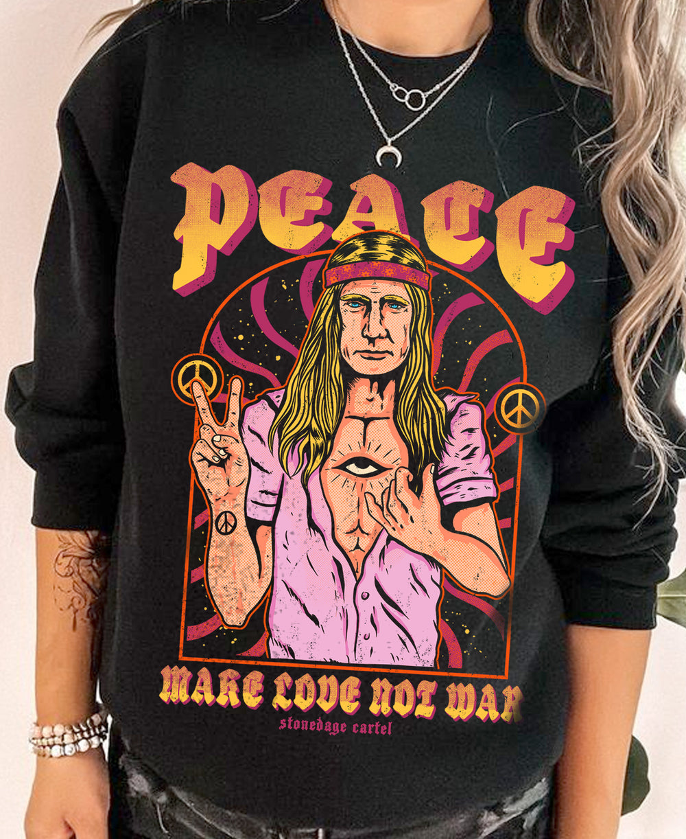 Peace-Make Love Not War Psychedelic Unisex Sweatshirt, Funny Vladimir Putin Peace Sign Vintage Psychedelic Sweatshirt Model