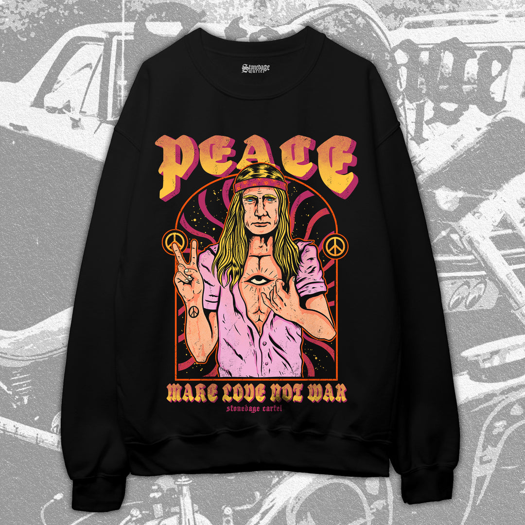 Peace-Make Love Not War Psychedelic Unisex Sweatshirt, Funny Vladimir Putin Peace Sign Vintage Psychedelic Sweatshirt.